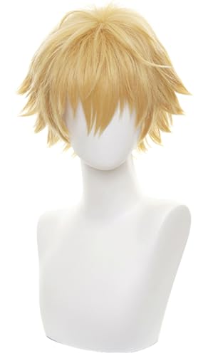 Kolegrial Denji Cosplay Perücken Herren Gold 30CM Kurz Kostümperücke Verkleidung Anime Chainsaw Man Denji Halloween Karneval Party Geburtstag Maskenball Kostüm Zubehör Wig von Kolegrial