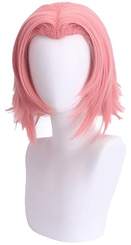 Kolegrial Haruno Sakura Cosplay Perücken Damen Rosa 30CM Schulterlanges Haar Kostümperücke Verkleidung Anime Ninja Haruno Sakura Halloween Karneval Party Geburtstag Maskenball Kostüm Zubehör Bob Wig von Kolegrial