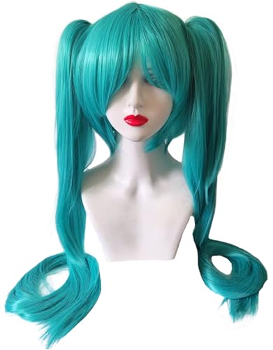 Kolegrial Miku Cosplay Perücken Damen 100CM Lange Doppelter Pferdeschwanz Clip Pony Kostümperücke Verkleidung Anime Virtual Singer Miku Halloween Karneval Party Maskenball Kostüm Zubehör Wig von Kolegrial