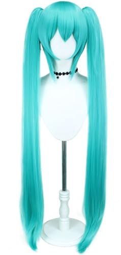 Kolegrial Miku Cosplay Perücken Damen 115CM Lange Doppelter Pferdeschwanz Clip Pony Kostümperücke Verkleidung Anime Virtual Singer Miku Halloween Karneval Party Maskenball Kostüm Zubehör Wig von Kolegrial