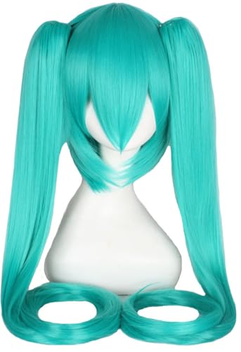Kolegrial Miku Cosplay Perücken Damen 60CM Lange Doppelter Pferdeschwanz Clip Pony Kostümperücke Verkleidung Anime Virtual Singer Miku Halloween Karneval Party Maskenball Kostüm Zubehör Wig von Kolegrial