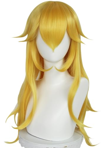 Kolegrial Peach Cosplay Perücken Damen Gelb Lange Glattes Haar Kostümperücke mit Pony Verkleidung Pfirsich Prinzessin Halloween Karneval Party Geburtstag Maskenball Kostüm Zubehör Wig von Kolegrial