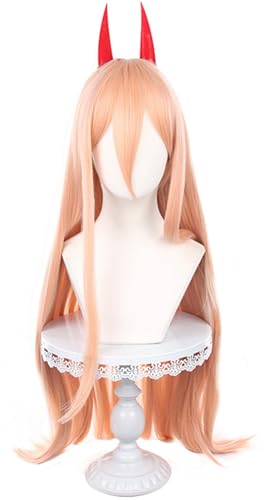Kolegrial Power Cosplay Perücken Damen Hellorange 90CM Langes Glattes Haar Kostümperücke und Hörner Verkleidung Anime Chainsaw Man Power Halloween Karneval Party Maskenball Kostüm Zubehör Wig von Kolegrial