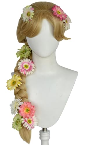 Kolegrial Prinzessin Cosplay Perücken Damen 86CM Lange Pferdeschwanz Kostümperücke mit Blumen Verkleidung Halloween Karneval Party Geburtstag Maskenball Prinzessin Kostüm Zubehör Wig von Kolegrial
