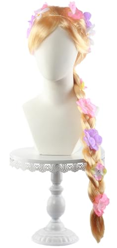 Kolegrial Prinzessin Cosplay Perücken Damen und Mädchen Blond 80CM Lange Pferdeschwanz Kostümperücke mit Blumen Verkleidung Halloween Karneval Party Geburtstag Maskenball Kostüm Zubehör Wig von Kolegrial