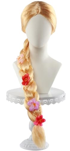 Kolegrial Prinzessin Cosplay Perücken Damen und Mädchen Blond 80CM Lange Pferdeschwanz Kostümperücke mit Blumen Verkleidung Halloween Karneval Party Geburtstag Maskenball Kostüm Zubehör Wig von Kolegrial
