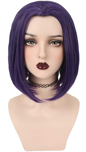 Kolegrial Raven Cosplay Perücken Damen Dunkelviolett Kurz Schulterlang Glattes Haar Kostümperücke Verkleidung Raven Halloween Karneval Party Geburtstag Maskenball Kostüm Zubehör Bob Wig von Kolegrial