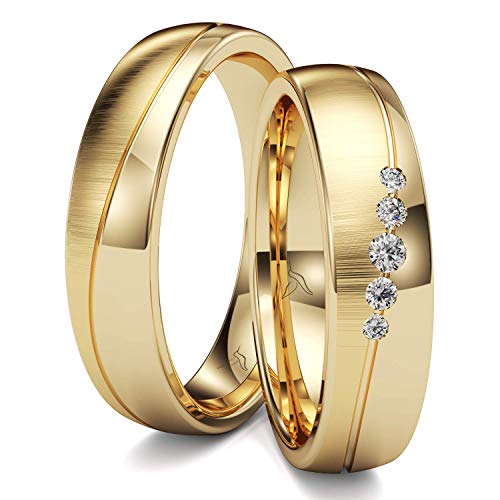 KOLIBRI RINGS GOLD- Eheringe Paarpreis Gold 333 Massiv mit 5 Diamanten Trauringe Verlobungsringe Partnerringe 100% Made in Germany- Inkl. Gratis Etui + Gravur + Zertifikat (Quermatt/Hochglanz Poliert) von Kolibri Rings