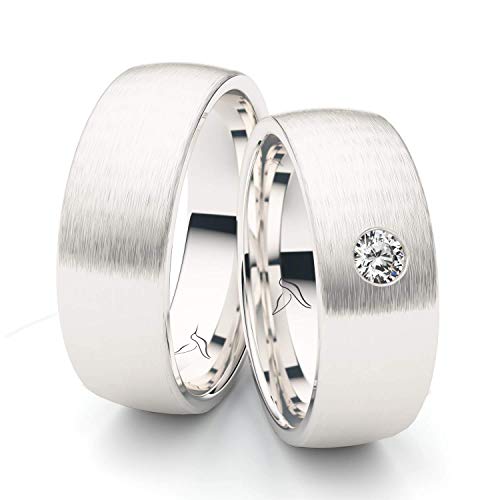 Massive Silber Eheringe 7 mm Rhodiniert mit großem Zirkonia 3 mm Stein Trauringe Partnerringe Freundschaftsringe 100% Made in Germany - Inkl. Gratis Gravur und Etui (Längsmattiert) von Kolibri Rings