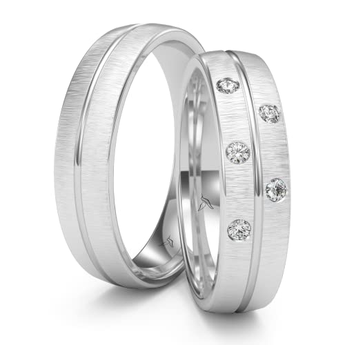 Paarpreis Silber Eheringe Rhodiniert 5 Zirkonia Steine Trauringe Partnerringe Freundschaftsringe - Gratis Gravur und Etui von Kolibri Rings