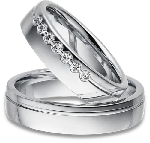 Paarpreis Silber Eheringe Rhodiniert 7 Zirkonia Steine Trauringe Partnerringe Freundschaftsringe - Gravur und Etui von Kolibri Rings