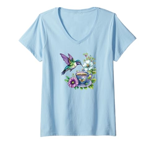 Damen Farbenfroher Kolibri mit Blüten T-Shirt mit V-Ausschnitt Damen Farbenfroher Kolibri mit Blüten T-Shirt mit V-Ausschnitt von Kolibri für Teetrinker