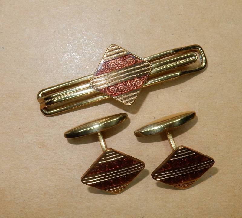 Vintage Emaille Manschettenknöpfe Krawattenclip Vergoldet Messing Art Deco von KolonialRD