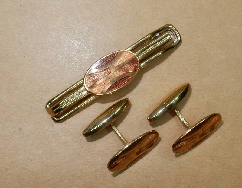 Vintage Emaille Manschettenknöpfe Krawattenclip Vergoldet Messing Art Deco von KolonialRD