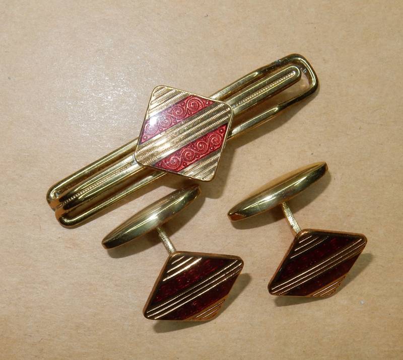 Vintage Emaille Manschettenknöpfe Krawattenclip Vergoldet Messing Art Deco von KolonialRD