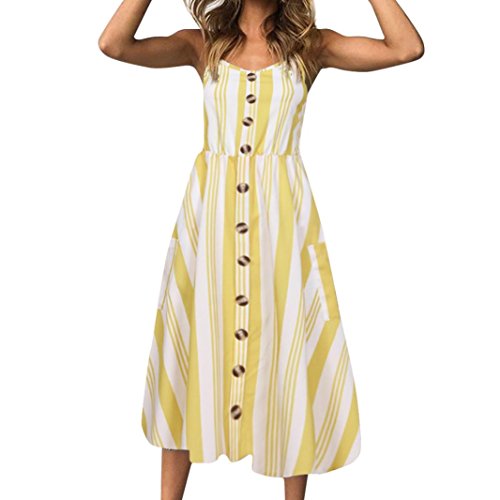 Kleid Damen Kolylong® Frauen Elegant Gestreift Ärmellose Kleid Knielang Slim Böhmen Kleid Mit Gürtel Retro Rückenfrei Schulterfrei Kleider Strandkleid Ballkleid Cocktail Party Abend (S, Yellow) von Koly-Damen Kleid