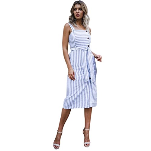 Kleid Damen Kolylong® Frauen Elegant Gestreift Ärmellose Kleid Knielang Slim Böhmen Kleid Mit Gürtel Retro Rückenfrei Schulterfrei Kleider Strandkleid Ballkleid Cocktail Party Abendkleid (M, Blau) von Koly-Damen Kleid