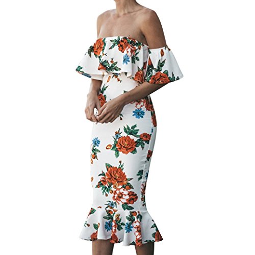 Kleid Damen Kolylong® Frauen Elegant Trägerloses Blumen Ärmelloses Kurzarm Kleid Lang Schulterfrei Maxikleid Rückenfrei Slim Bleistiftkleid Business Strandkleid Cocktail Party Abendkleid (XL, Weiß) von Koly-Damen Kleid