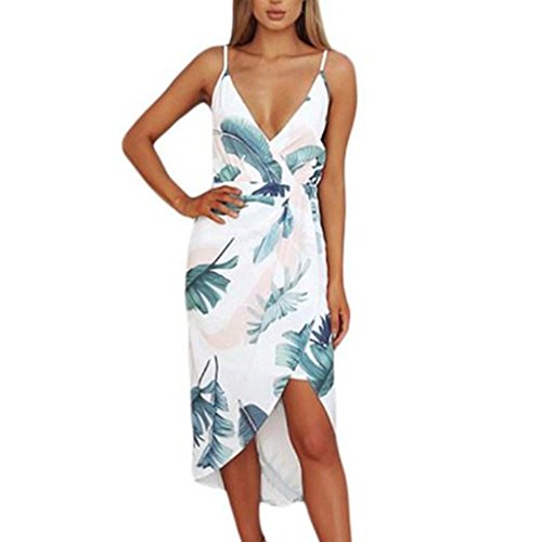 Kleid Damen Kolylong® Frauen Elegant V-Ausschnitt Blumendruck Ärmellose Kleid Unregelmäßig Retro Rückenfrei Schulterfrei Kleider Lang Print Böhmen Strandkleid Cocktail Party Abendkleid (M, Weiß) von Koly-Damen Kleid