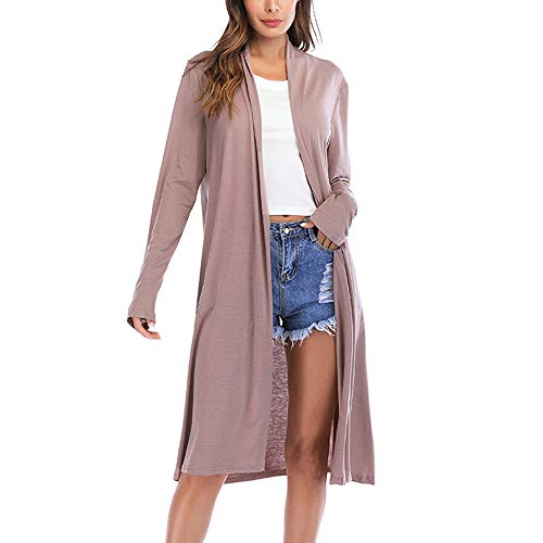 Strickjacke Damen Kolylong Frauen Elegant Einfarbig Lang Strickjacke Herbst Locker Open Front Cardigan Casual Langarm Wasserfall Jacke Asymmetrisch Strickmantel Outwear Pullover Tops (S, Khaki) von Koly-Damen Strickjacke