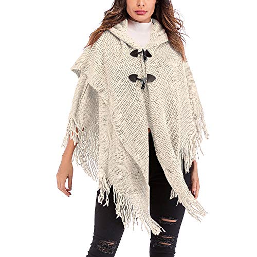 Strickjacke Damen Kolylong Frauen Elegant Quaste Strickjacke mit Kapuze Asymmetrisch Herbst Winter Warm Strickmantel Hoodie Cardigan Outwear Sweaters Poncho-Schal Langarmshirt Tops (One Size, Beige) von Koly-Damen Strickjacke