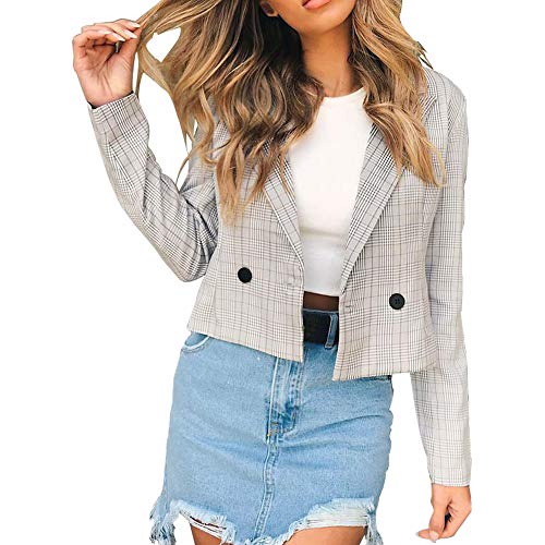 Strickjacke Kolylong Damen Elegant Plaid Offene Blazer Klassisch Vintage Karierte Business Büro Jäckchen Anzug Umlegekragen Jacke Kurz Herbst Outwear Cardigan Mantel Langarmshirt Tops (XL, Grau) von Koly-Damen Strickjacke