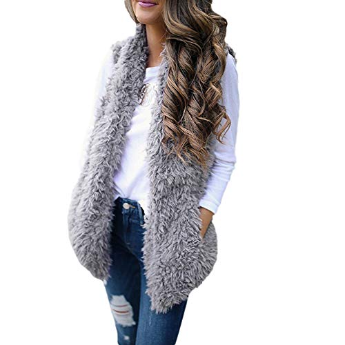 Strickjacke Kolylong Damen Elegant Plüsch Ärmellos Jacke Herbst Winter Warm Kunstpelz Weste Mantel mit Tasche Fellweste Leicht Wolljacke Offene Cardigan Outwear Parka Trenchcoat Tops (L, Grau) von Koly-Damen Strickjacke