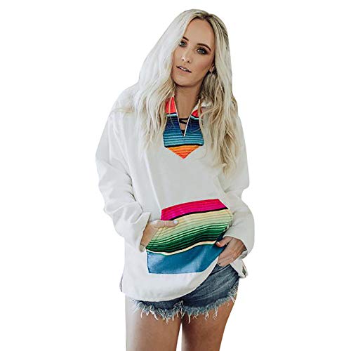 Hoodies Kolylong Damen Elegant Streifen Sweatshirt mit Kapuze Herbst Winter Beiläufig Kapuzepullover Oversize Sweatjacke mit Tasche Warm Outwear Pulli Jumper Bluse T-Shirt Oberteil Tops (S, Weiß) von Koly-Damen Tops