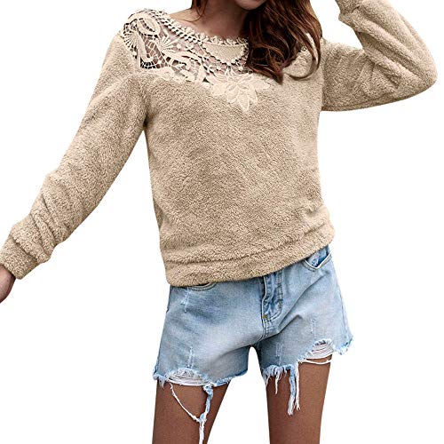 Sweatshirt Damen Kolylong® Frauen Elegant Polka Punkt Lange Ärmel Blusen Vintage Spitzenbluse Rüschen Langarm Oberteil Weißes Tunika Basic Shirt Hemd T-Shirt Pullover Tops (L, Beige) von Koly-Damen Tops