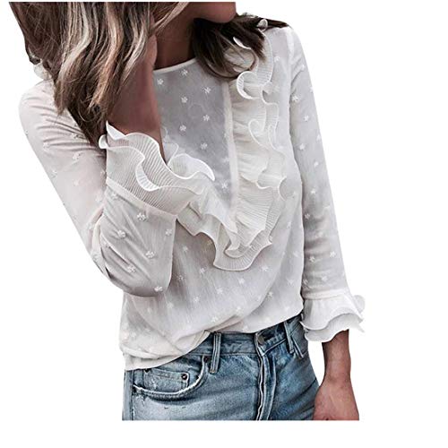 Sweatshirt Damen Kolylong® Frauen Elegant Polka Punkt Lange Ärmel Blusen Vintage Spitzenbluse Rüschen Langarm Oberteil Weißes Tunika Basic Shirt Hemd T-Shirt Pullover Tops (L, Weiß) von Koly-Damen Tops