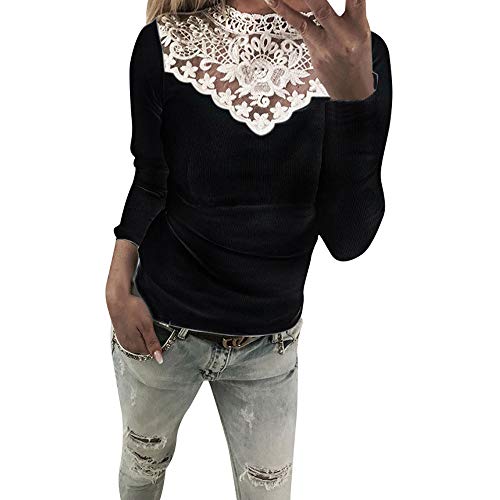 Sweatshirt Damen Kolylong® Frauen Elegant Polka Punkt Lange Ärmel Blusen Vintage Spitzenbluse Rüschen Langarm Oberteil Weißes Tunika Basic Shirt Hemd T-Shirt Pullover Tops (XXL, Black) von Koly-Damen Tops