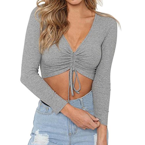 Sweatshirt Kolylong® Damen Elegant V-Ausschnitt Bandage Lange Ärmel Bluse Herbst Mode Langramshirt Kurz Festlich Oberteil Bauchfrei Slim Basic Shirt Party Tops Hemd Tunika Pulli Pullover (L, Grau) von Koly-Damen Tops