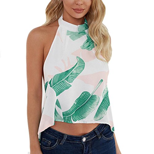 Tank TOS Damen Kolylong® Frauen Elegant Blumendruck Ärmellose Blusen Retro Böhmen Neckholder Top Sommer Sleeveless Shirt Print Rückenfrei Oberteile Stand Tunika Hemden Crop Weste Vest (M, Weiß) von Koly-Damen Tops