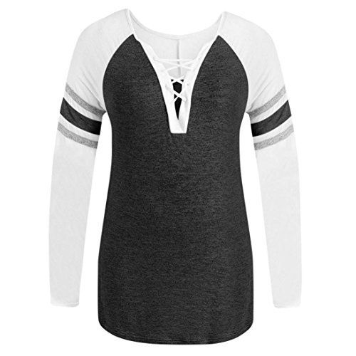 Übergröße Blusen Kolylong® Damen Elegant V-Ausschnitt Bandage Lange Ärmel Bluse Casual Streifen Langarmshirts Plus Size T-Shirt Oberteil Hemd Sweatshirt Pullover Tunika Tops L-5XL (XXL, Schwarz) von Koly-Damen Tops