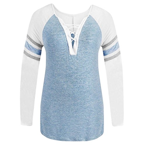 Übergröße Blusen Kolylong® Damen Elegant V-Ausschnitt Bandage Lange Ärmel Bluse Casual Streifen Langarmshirts Plus Size T-Shirt Oberteil Hemd Sweatshirt Pullover Tunika Tops L-5XL (XXXL, Blau) von Koly-Damen Tops