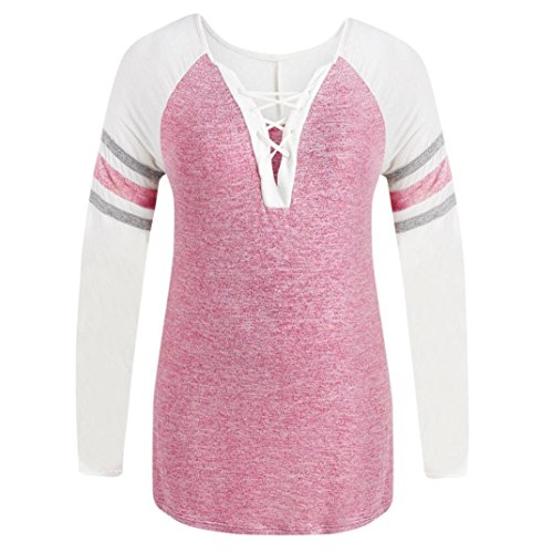 Übergröße Blusen Kolylong® Damen Elegant V-Ausschnitt Bandage Lange Ärmel Bluse Casual Streifen Langarmshirts Plus Size T-Shirt Oberteil Hemd Sweatshirt Pullover Tunika Tops L-5XL (XXXXL, Pink) von Koly-Damen Tops