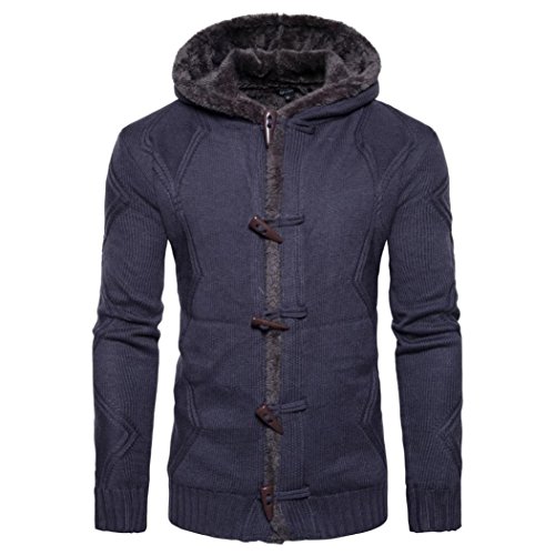 Strickjacke Herren Kolylong® Herren Herbst Winter Warm Strickmantel mit Kapuze Vintage Hoodie Grobstrick Verdickte Kapuzenpullover Sport Pullover Cardigan Mantel Pulli Sweatjacke Tops (M, Marine) von Koly-Herren Bekleidung