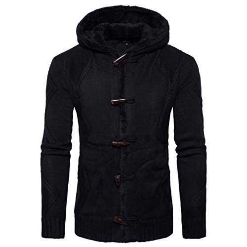 Strickjacke Herren Kolylong® Herren Herbst Winter Warm Strickmantel mit Kapuze Vintage Hoodie Grobstrick Verdickte Kapuzenpullover Sport Pullover Cardigan Mantel Pulli Sweatjacke Tops (XL, Schwarz) von Koly-Herren Bekleidung