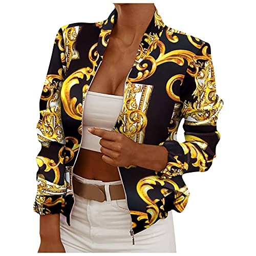 Blazer Damen Kolylong® Frauen Elegant Langarm Sakko Slim Fit Kurze Jacke Büro Jacke Mit Reissverschluss Neue Frühlings Geschäft Kurz Mantel Anzugjacke Druck Business Jacke Büro Sweatjacke von Koly-Hundebett