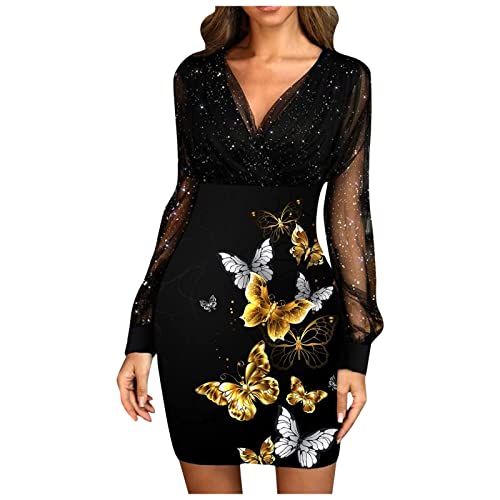 Kolylong® Damen Elegant Abendkleid Langarm V-Ausschnitt Spitzenkleid Glänzend Kleid Sexy Slim fit Partykleid Spitzen Spleißen Shortkleid Mode Ballkleid Hohe Taille Etuikleid für Frauen von Koly-Hundebett