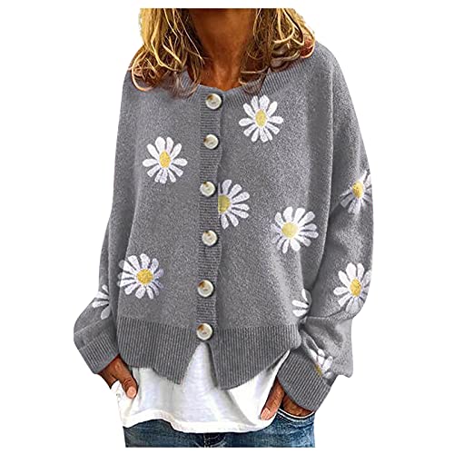 Strickjacke Damen Kolylong® Blumen Drucken Einreiher Langarm Open Front Cardigan für Frauen mit Knopfleiste Frühling Herbst Strickmantel Schlank Passen Strickpullover Sweater Lang Dünne Jacke von Koly-Hundebett