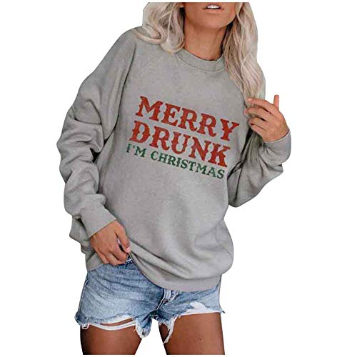 Weihnachten Pullover Damen, Teenager Weihnachtspulli Merry Drunk Im Christmas Weihnachtspullover Brief Druck Lustiger Christmas Sweatshirt Xmas Pulli Shirt Langarmshirt Top Bluse von Koly-Hundebett