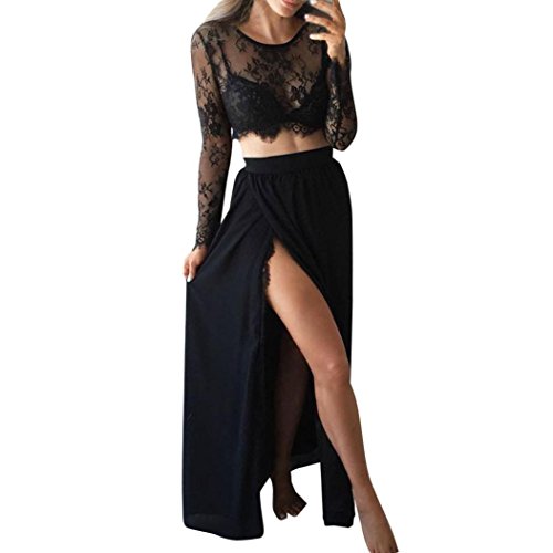 Rock Damen Kolylong® Frauen Elegant Spitze Hohe Taille Rock Vintage Split Chiffon Rock Lang Strand Röcke Party Cocktail Abendrock Bodycon Röcke Skirt Maxi Anzug Sommer Bluse Tops (S, Schwarz) von Koly-clothes