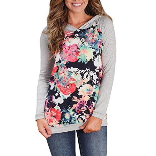 Bluse Damen Kolylong® Frauen Elegant Blumen Drucken Sweatshirt mit Kapuze Herbst Freizeit Langarm Shirts Loose Bluse Sport Pullover T-Shirt Tank Tops Hemd (L, Grau) von Kolylong