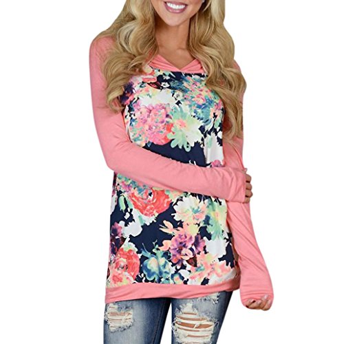 Bluse Damen Kolylong® Frauen Elegant Blumen Drucken Sweatshirt mit Kapuze Herbst Freizeit Langarm Shirts Loose Bluse Sport Pullover T-Shirt Tank Tops Hemd (L, Rot) von Kolylong