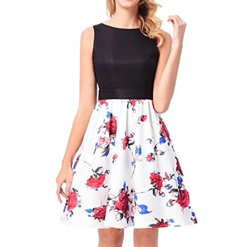 Kleid Damen Kolylong® Frauen Elegant Blumenmuster Kleid Knielang Vinatge Rückenfreies Festlich Kleider Skaterkleid Ärmelloses Minikleid Party Kleid Cocktailkleid Abendkleid (M, Rot) von Kolylong