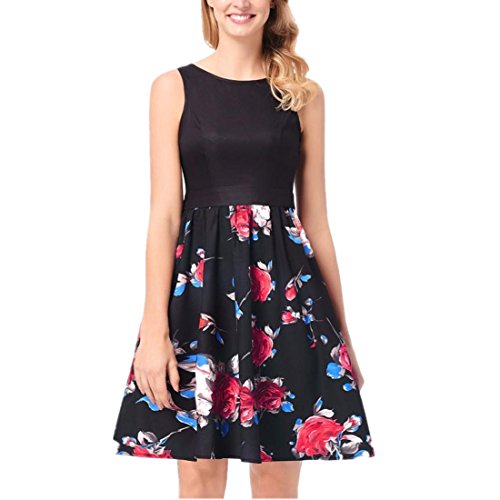 Kleid Damen Kolylong® Frauen Elegant Blumenmuster Kleid Knielang Vinatge Rückenfreies Festlich Kleider Skaterkleid Ärmelloses Minikleid Party Kleid Cocktailkleid Abendkleid (S, Schwarz) von Kolylong