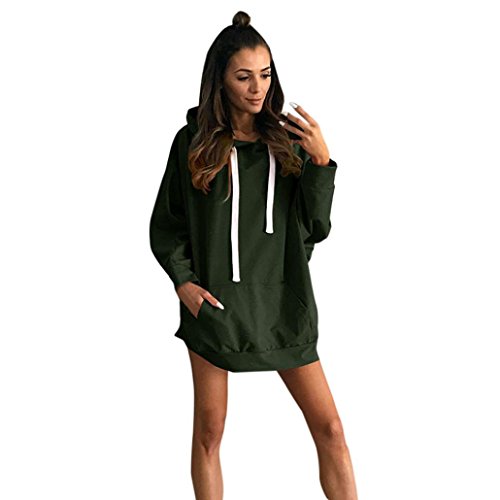 Kleid Damen Kolylong® Frauen Elegant Pullover Kleid mit Kapuze Minikleid Party Kleid Herbst Winter Warm Sweatshirt Lange Locker Hooded Pullover Mantel Sportkleid Tops (L, Armeegrün) von Kolylong®