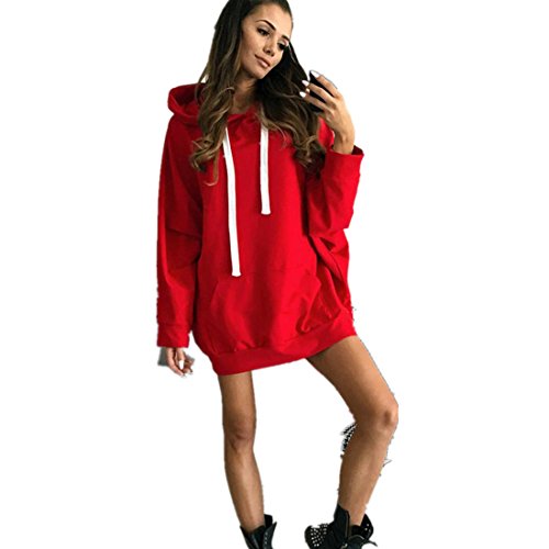 Kleid Damen Kolylong® Frauen Elegant Pullover Kleid mit Kapuze Minikleid Party Kleid Herbst Winter Warm Sweatshirt Lange Locker Hooded Pullover Mantel Sportkleid Tops (L, Rot) von Kolylong®