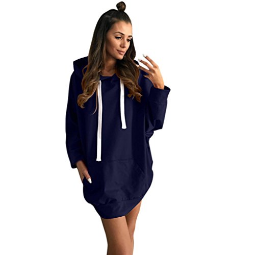 Kleid Damen Kolylong® Frauen Elegant Pullover Kleid mit Kapuze Minikleid Party Kleid Herbst Winter Warm Sweatshirt Lange Locker Hooded Pullover Mantel Sportkleid Tops (S, Marine) von Kolylong